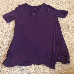 purple flowy tee with cross cross neck line